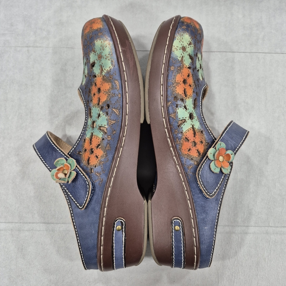 Spring Step Blue Multi Floral Leather Mary Jane Clog Mules - Picture 8 of 14